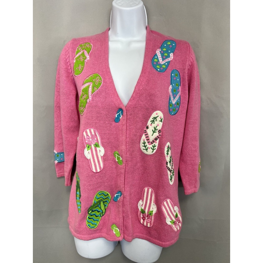 Vintage Timberlea Beaded Flip Flop Embroidered Sweater Cardigan Sz Small Y2K
